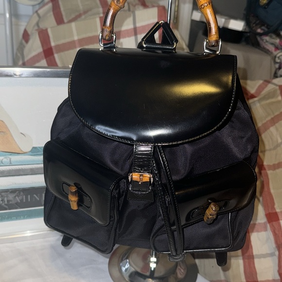 Vintage 90s Gucci nylon Bamboo Handle Leather Backpack Bookbag EUC - Picture 4 of 16